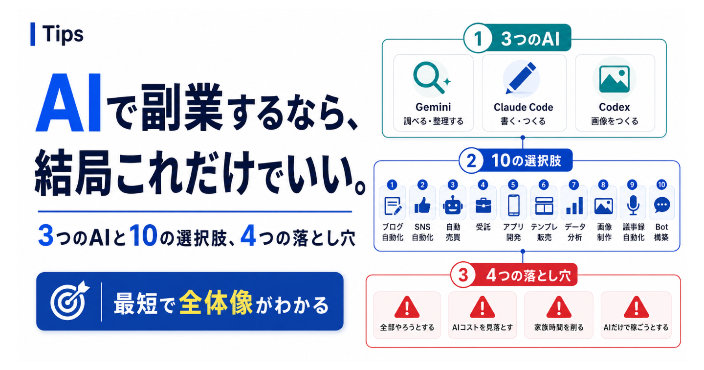 AIで副業するなら、結局これだけでいい。3つのAIと10の選択肢、4つの落とし穴