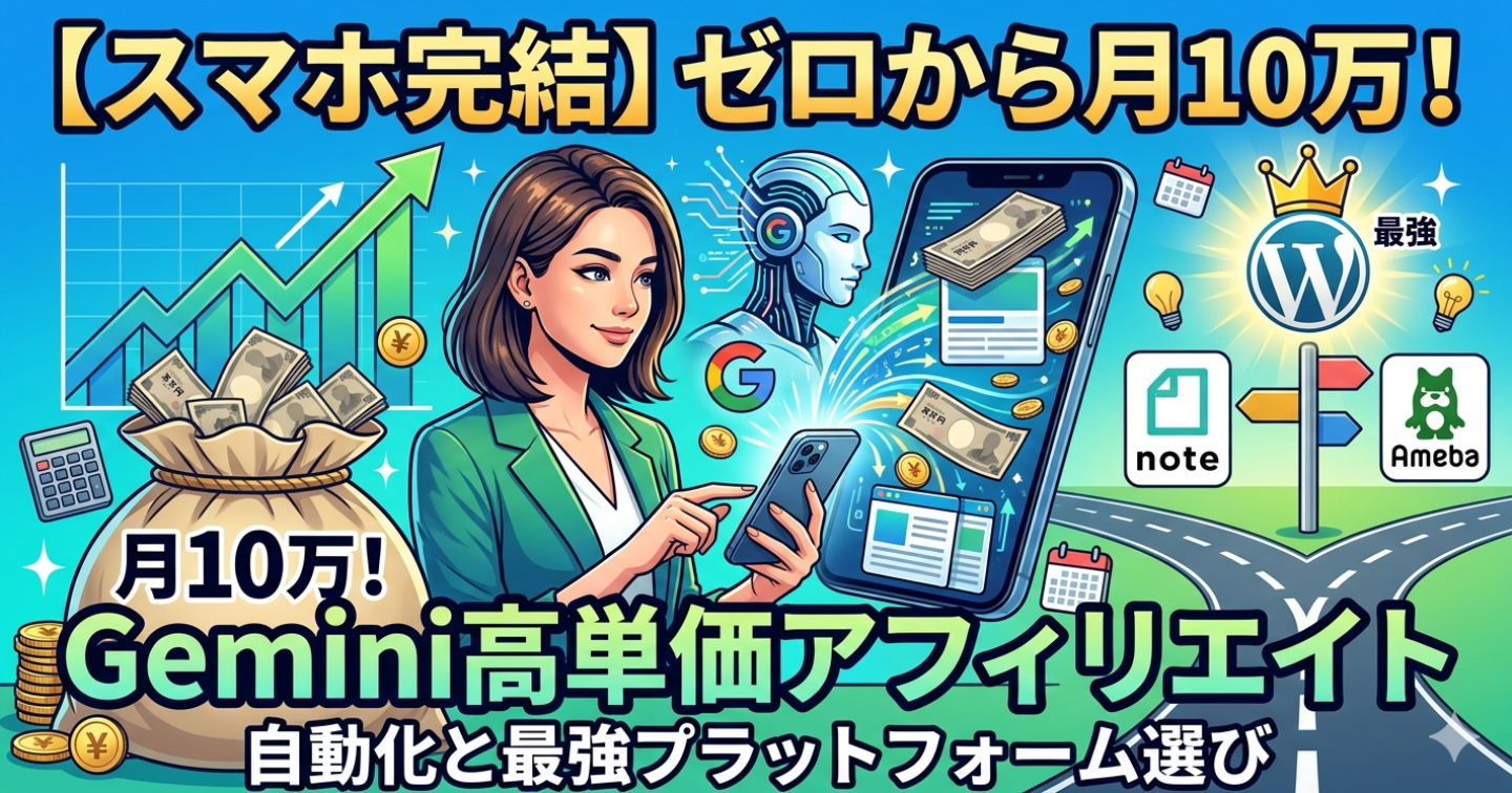 【スマホ完結】ゼロから月10万！Geminiで作る「高単価アフィリエイト」完全自動化＆最強プラットフォーム選び