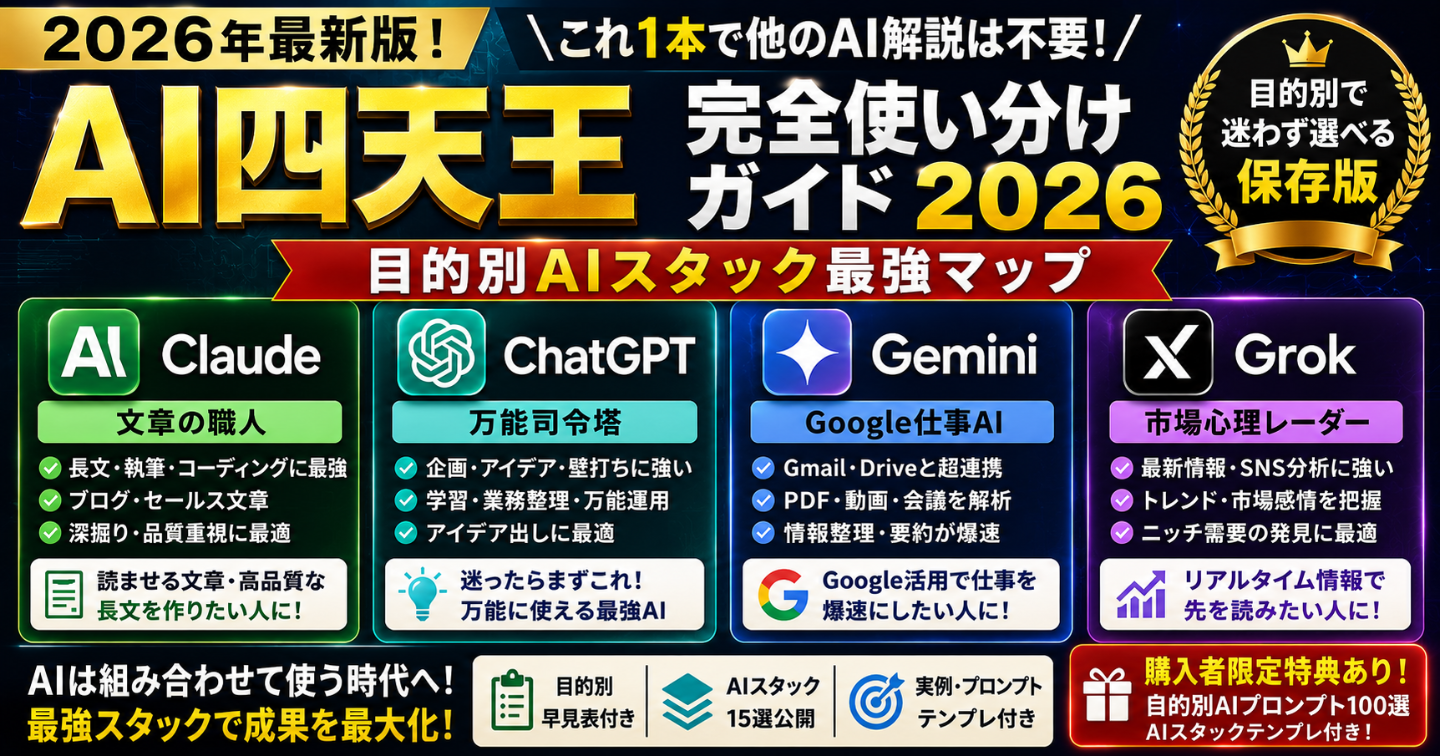 Claude・ChatGPT・Gemini・Grok 四天王 完全使い分けガイド2026｜目的別AIスタック最強マれ1本で他のAI解説不要】