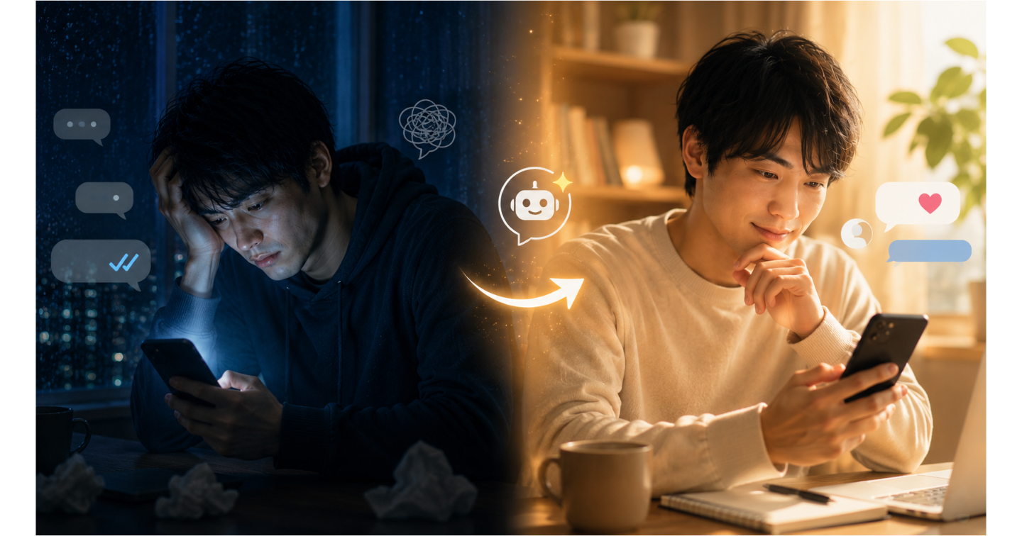 【悩みすぎ男子へ】「また既読無視か…」の疲弊はもう終わりにしよう。あなたの個性を消さずにAIが自然にエスコートするメッセージ構築法