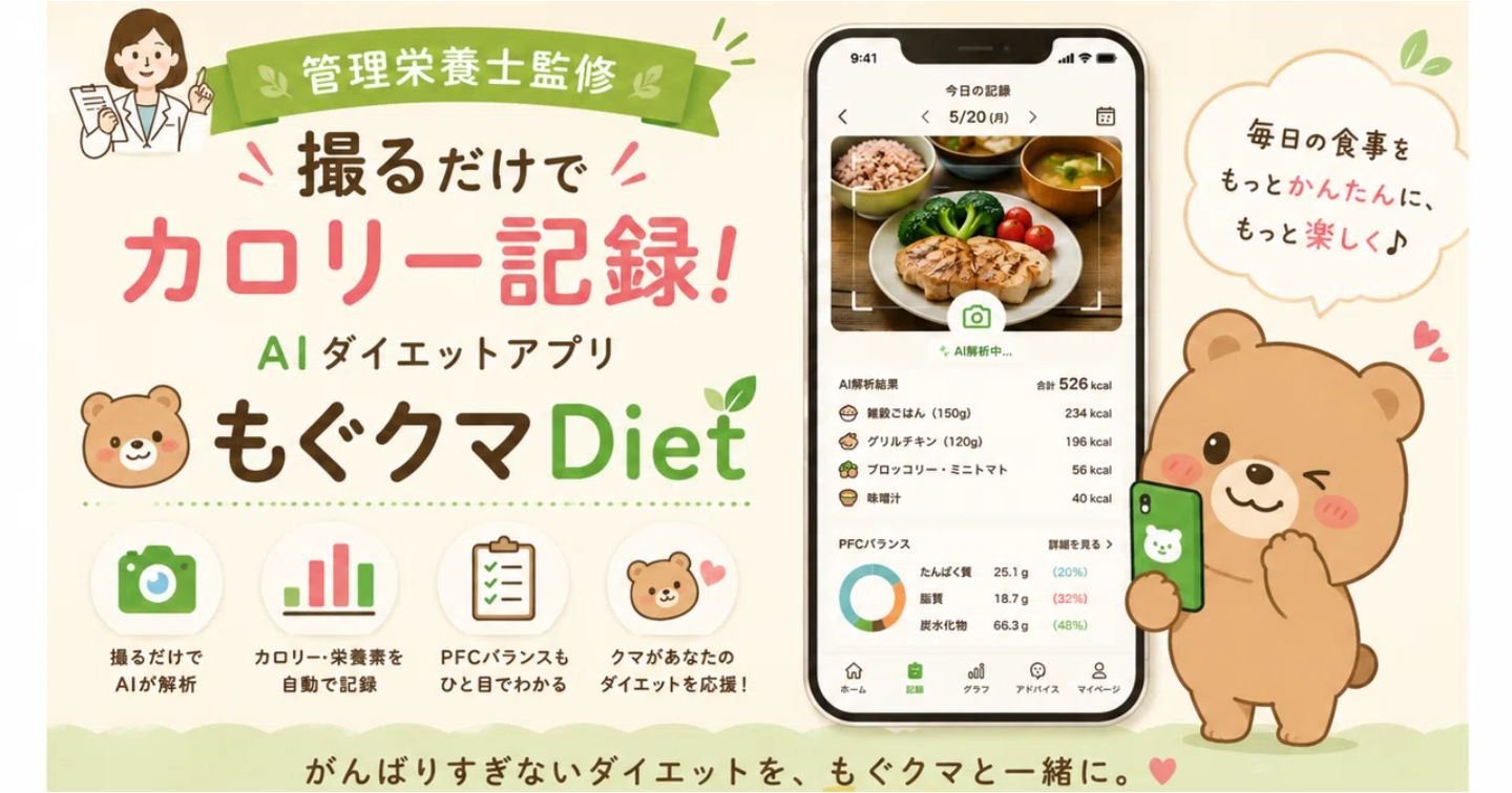 【管理栄養士監修】撮るだけでカロリー記録！AIダイエットアプリ「もぐクマDiet」