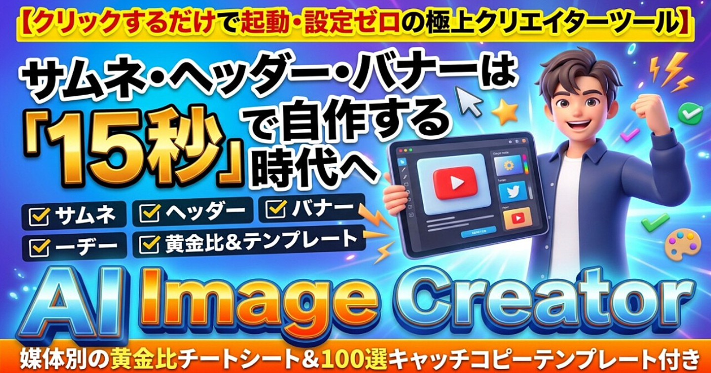 【最短15秒でサムネ完成】Canvaも有料AIも不要。量産特化画像生成AIツール　目的を選ぶだけでサムネ・ヘッダー・広告バナーから文字入れま