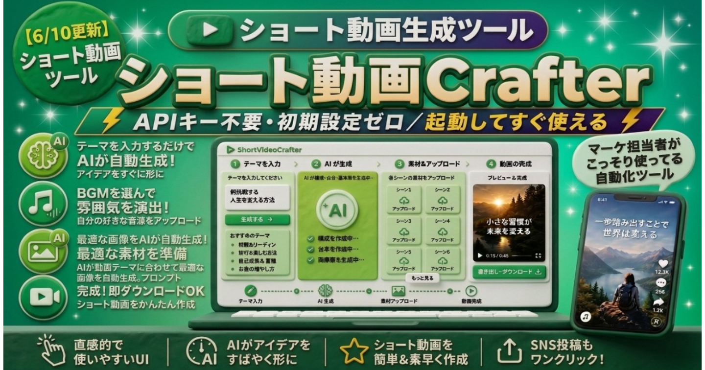 【ショート動画生成ツール】「台本･音声･画像｣を自動生成　これ1つで「ショート動画」を簡単作成『ShortVideoCrafter』