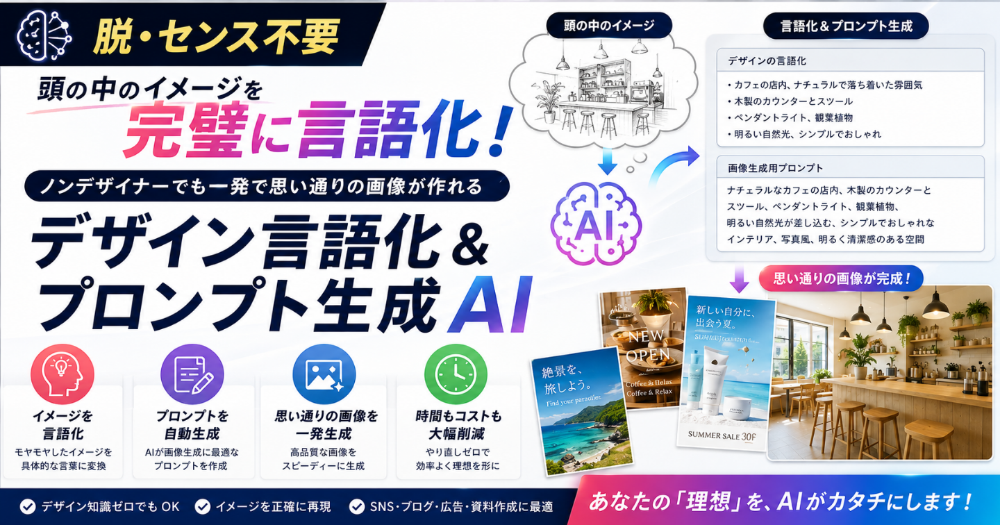【脱・センス不要】頭の中のイメージを完璧に言語化！ノンデザイナーでも一発で思い通りの画像が作れる「デザイン言語化＆プロンプト生成AI」