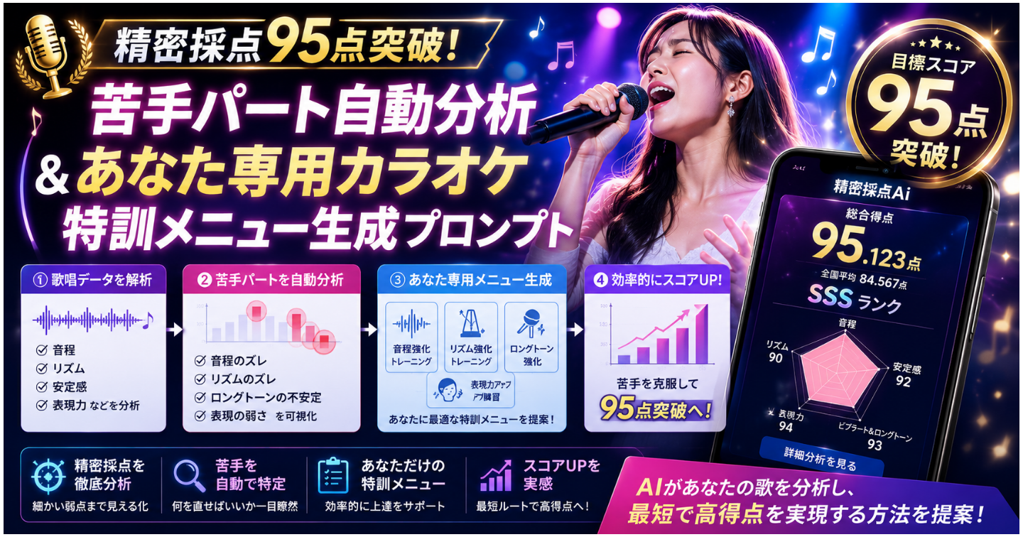 精密採点95点突破！苦手パート自動分析＆あなた専用カラオケ特訓メニュー生成プロンプト