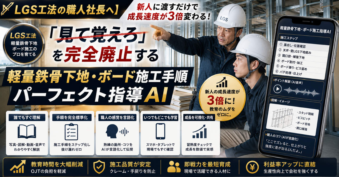 【LGS・ボード貼り社長の為のプロンプト】新人に渡すだけで成長速度が3倍変わる！軽量鉄骨下地・ボード施工手順パーフェクト指導AI