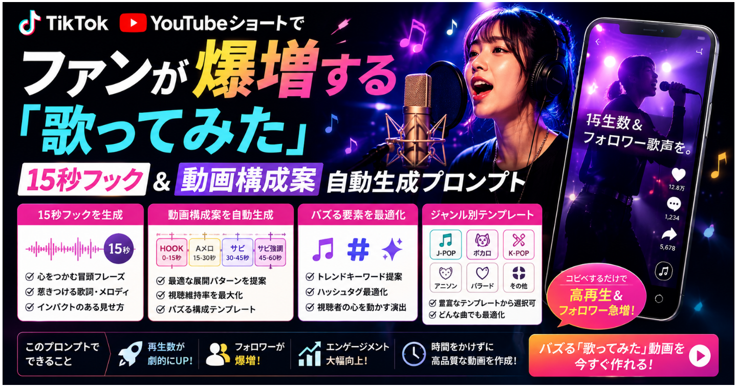 TikTok・YouTubeショートでファンが爆増する「歌ってみた」15秒フック＆動画構成案自動生成プロンプト