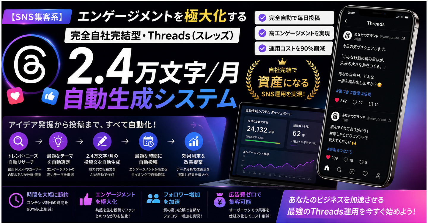 【SNS集客系プロンプト】エンゲージメントを極大化する「完全自社完結型・Threads（スレッズ）2.4万文字/月自動生成システム」