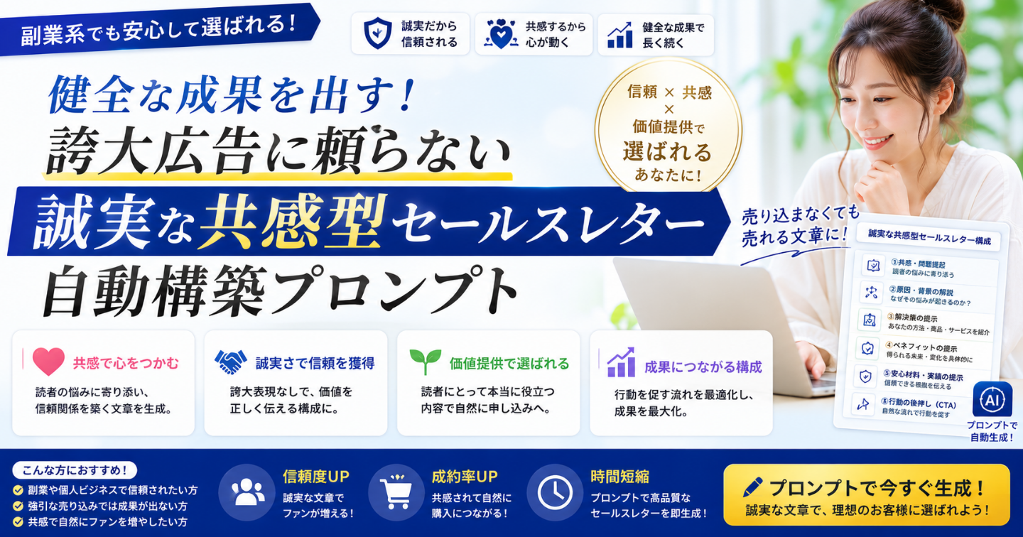 【脱・煽り運転】誇大広告・外部誘導一切なし！読者の「本当の悩み」に寄り添い、納得して購入してもらう『誠実なセールスレター』構築プロンプト