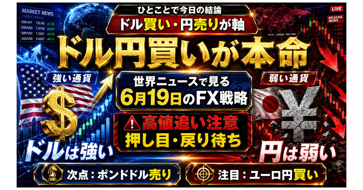 # ドル買い優勢、円売り継続。## 6月19日のFX戦略