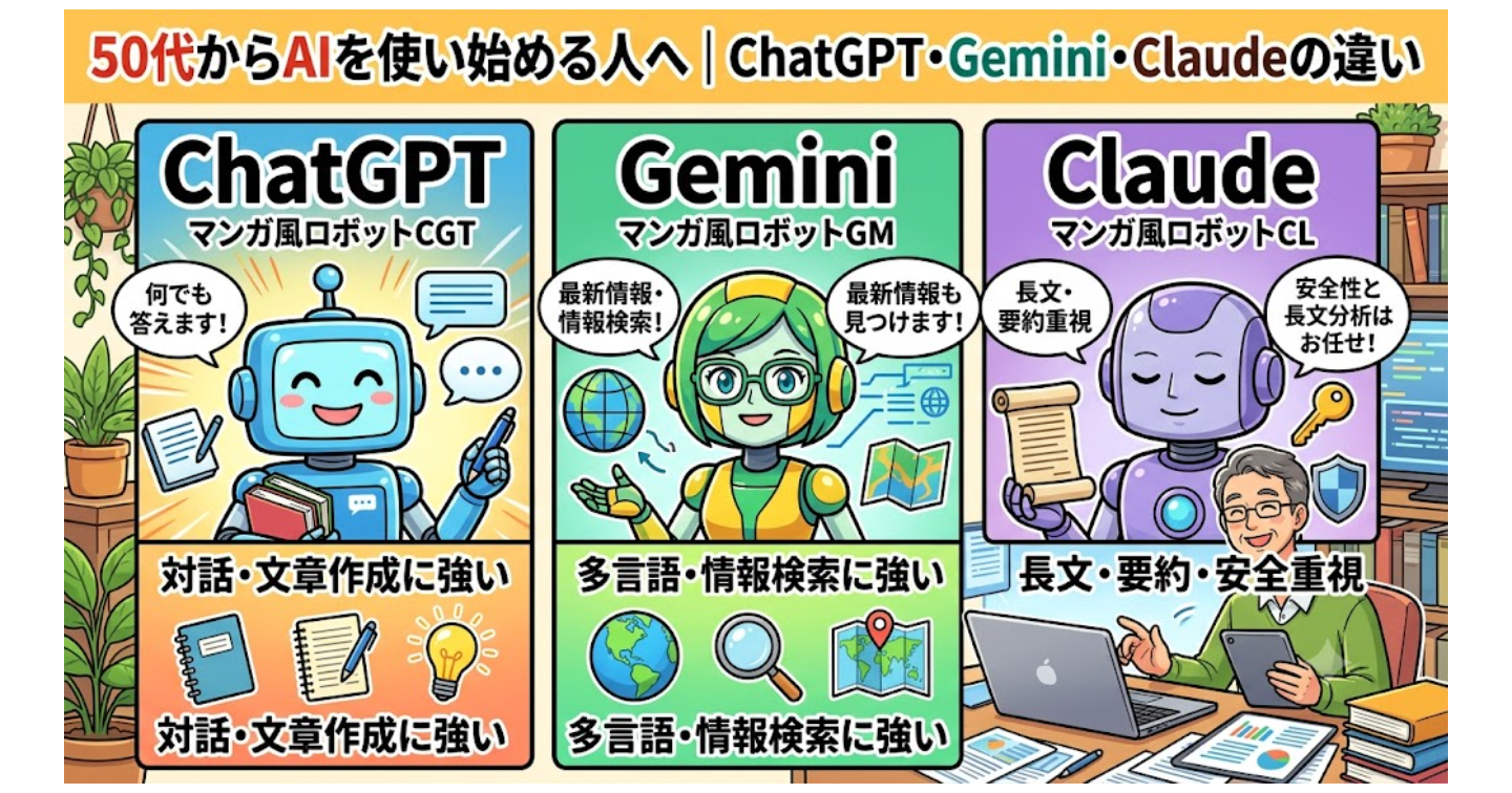 50代からAIを使い始める人へ｜ChatGPT・Gemini・Claudeの違い