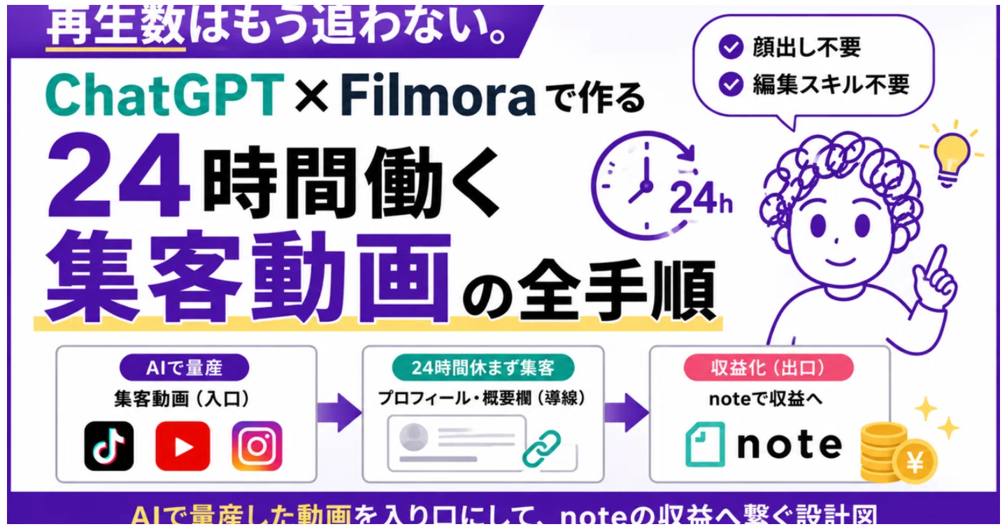 再生数はもう追わない。ChatGPT×Filmoraで作る"24時間働く集客動画"の全手順【顔出し・編集スキル不要】