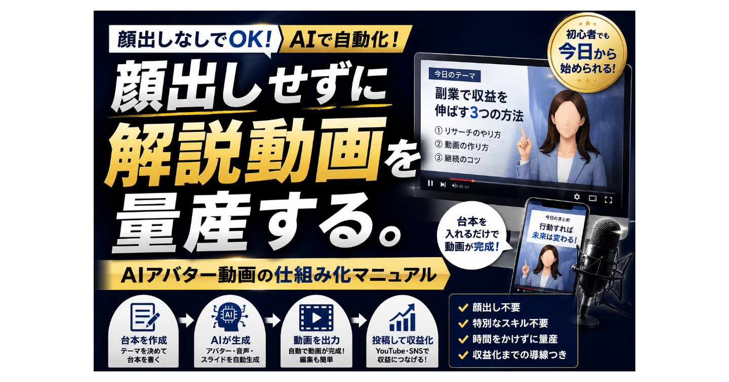 顔出しせずに解説動画を量産する。AIアバター動画の仕組み化マニュアル｜台本から運用まで