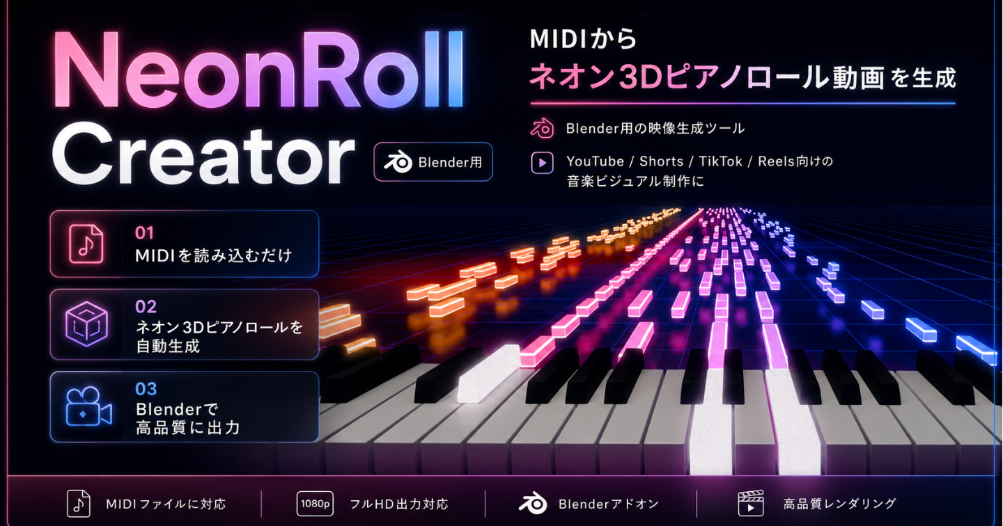 NeonRoll Creator｜MIDIをネオン3Dピアノロール映像に変えるBlenderツール