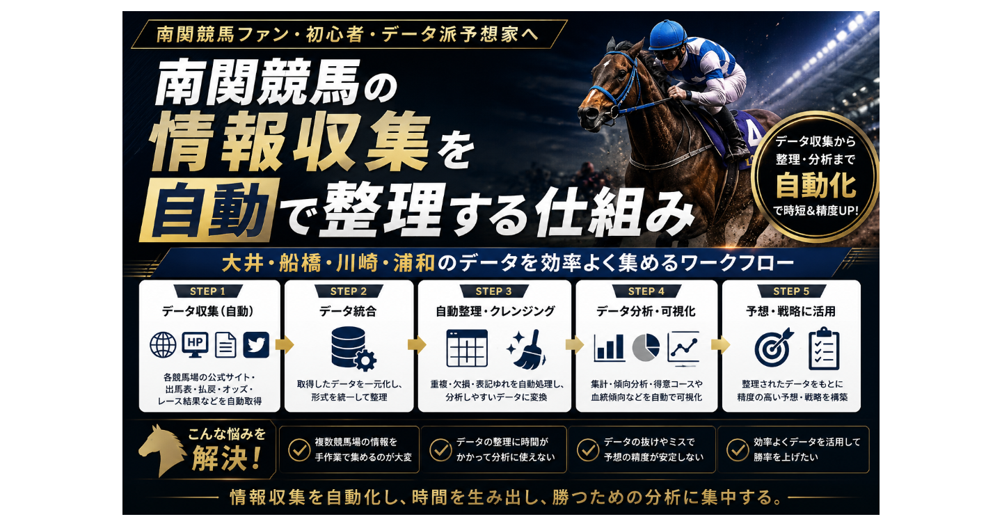 南関競馬の情報収集を自動で整理する仕組み｜大井・船橋・川崎・浦和のデータを効率よく集めるワークフロー