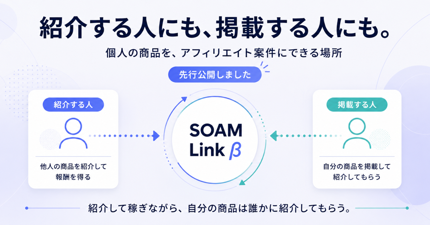 個人の商品を、アフィリエイト案件にできる場所「SOAM Link β」を先行公開しました。