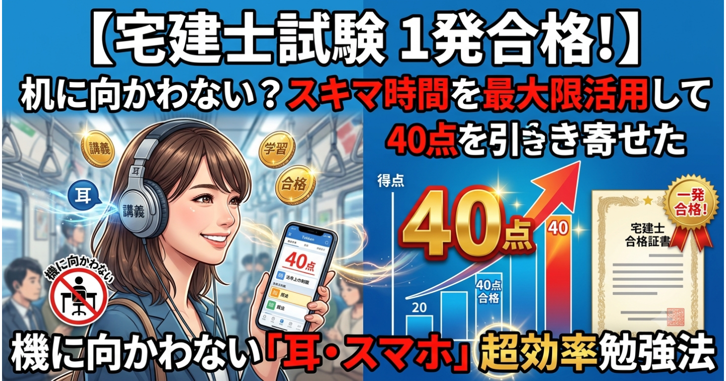 【宅建士試験 1発合格！】机に向かわない？スキマ時間を最大限活用して40点を引き寄せた「耳・スマホ」超効率勉強法