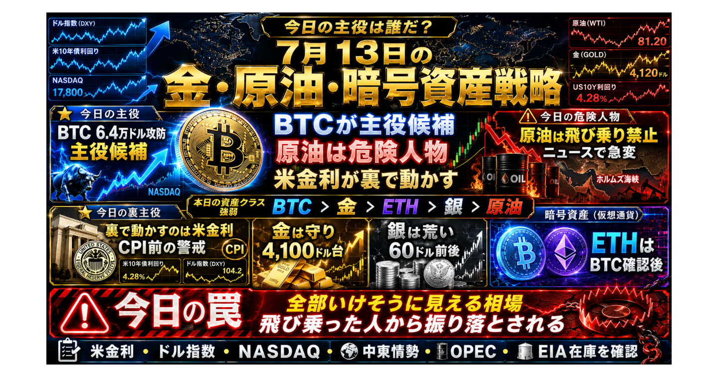 # 7月13日の金・原油・暗号資産戦略｜今日の主役はBTCか、それとも原油か？