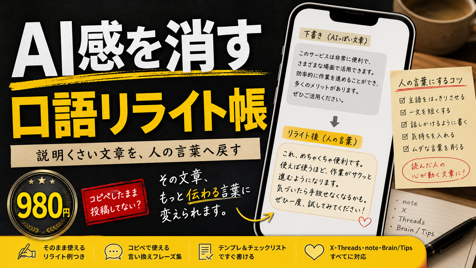 仕事帰り10分｜AI感を消して自分の言葉に戻す口語リライト帳【改善例30本】