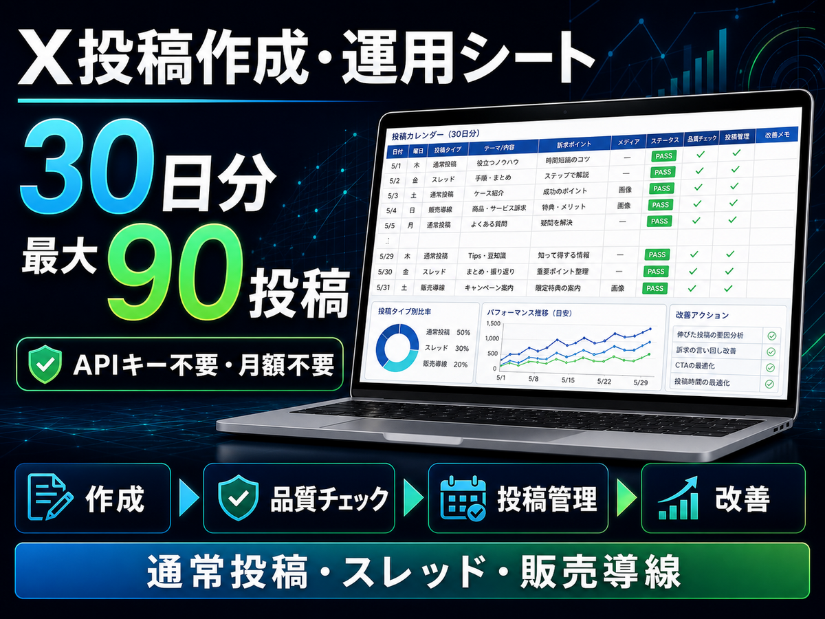 X投稿作成・運用シート｜30日分をまとめて管理