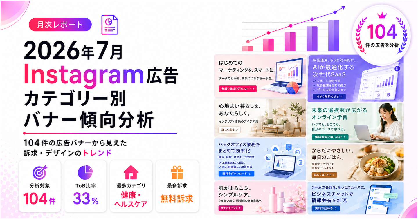 2026年7月 Instagram広告バナー104件の訴求・デザイン傾向まとめ