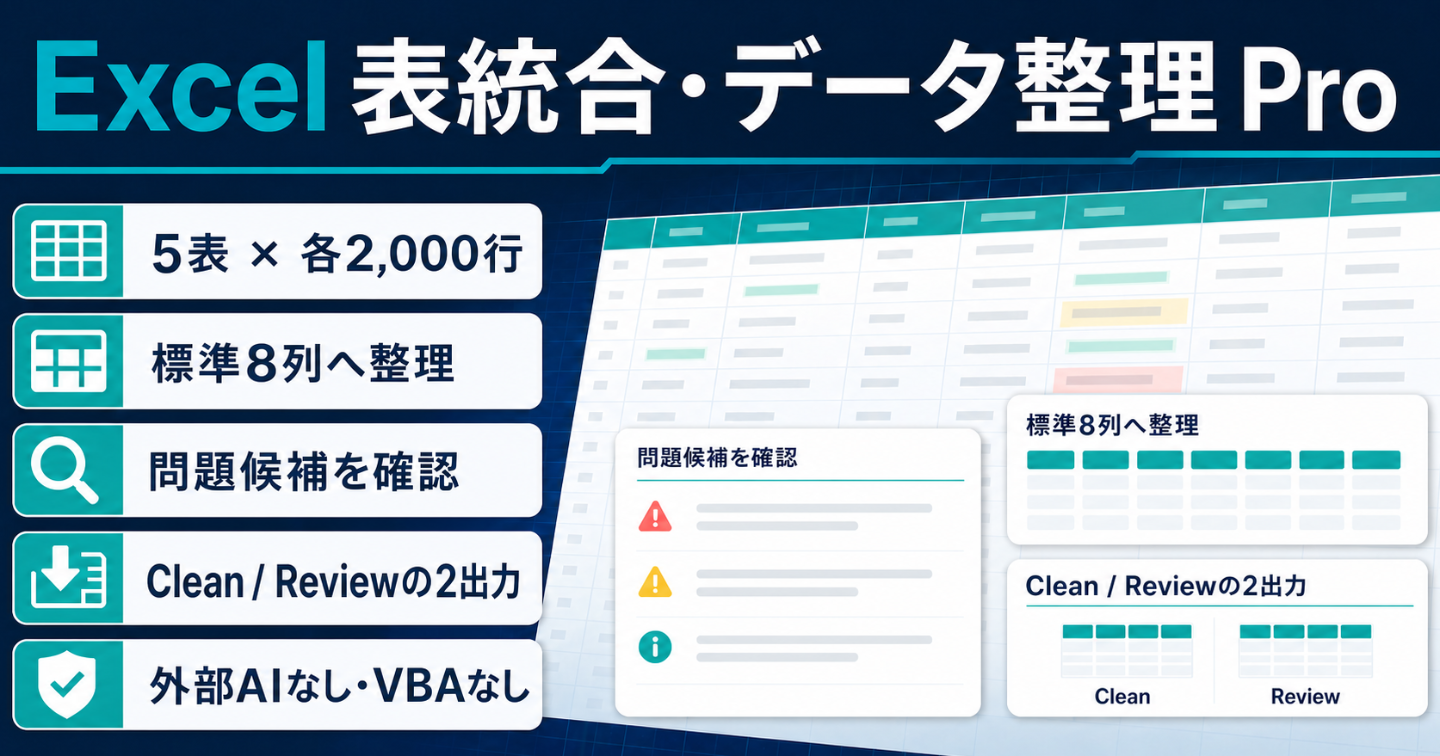【Excel 365】列順が違う5つの表を1つに整理するProテンプレート