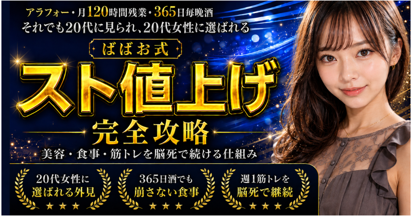 【新作】ばばお外見磨き〜アラフォー・月120時間残業・365日毎晩酒でも20代に見られるための、美容・食事・筋トレを脳死で続ける仕組み〜