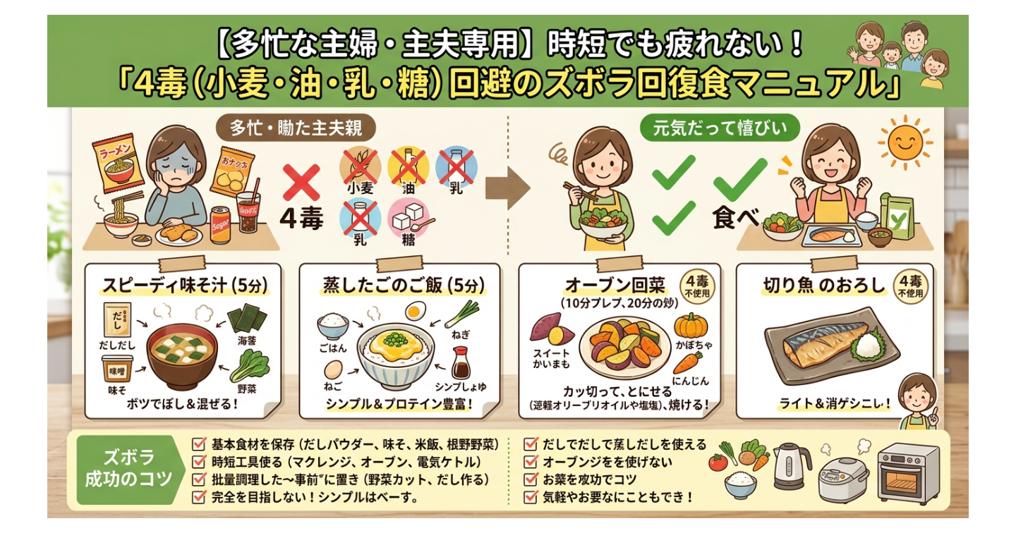 【多忙な主婦・主夫専用】時短でも疲れない！「4毒（小麦・油・乳・糖）回避のズボラ回復食マニュアル」