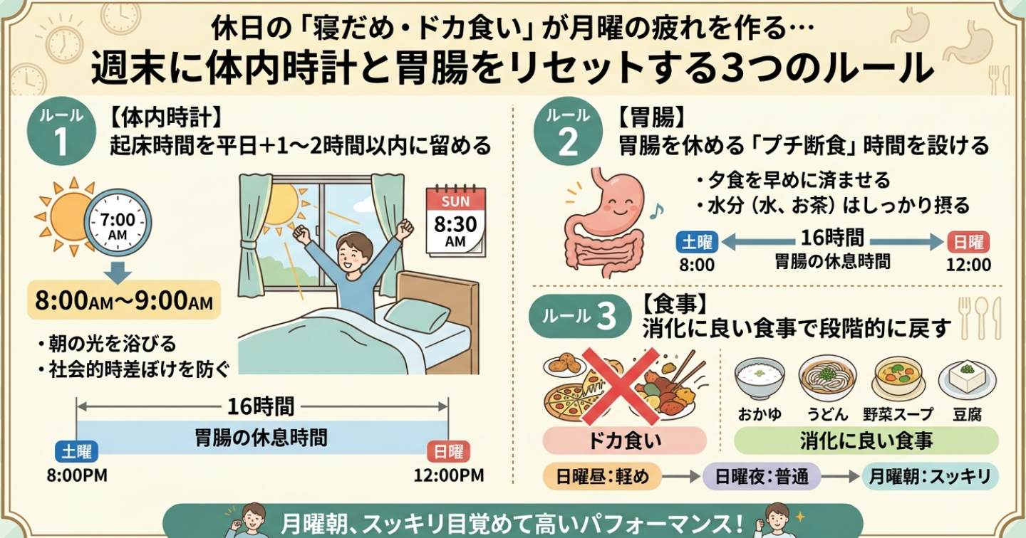 休日の「寝だめ・ドカ食い」が月曜の疲れを作る…週末に体内時計と胃腸をリセットする3つのルール