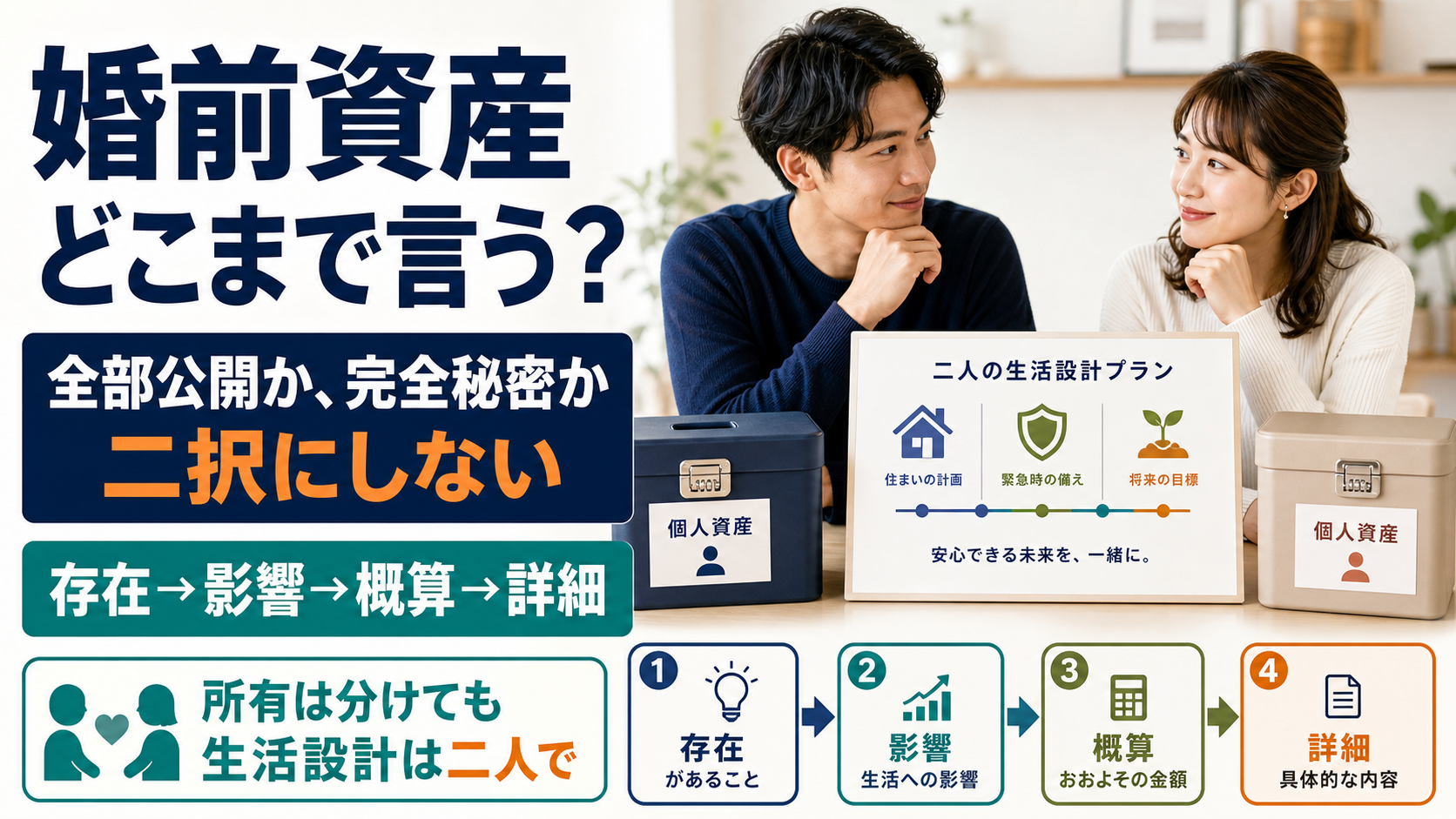 全額を言うか、隠すかの二択にしない——独身時代の個人資産をパートナーへ伝える順番