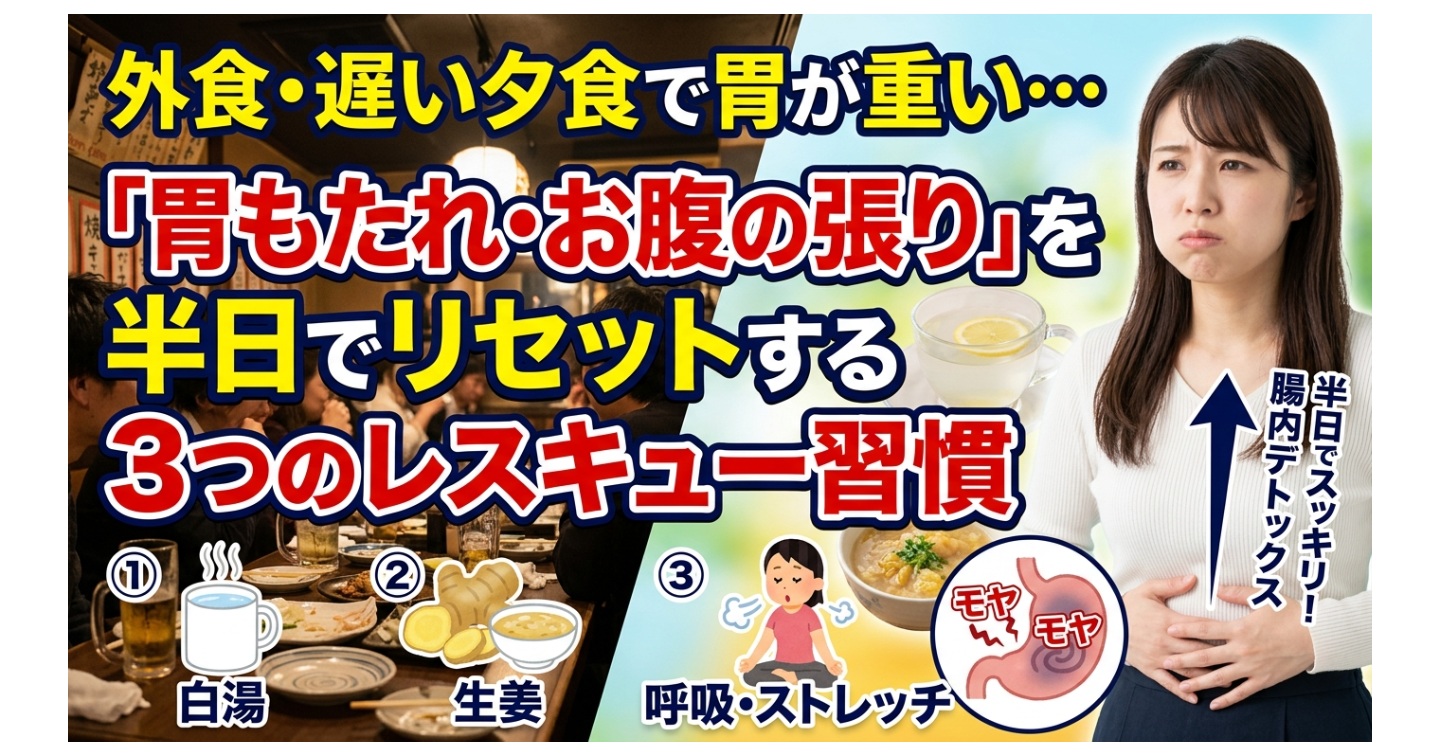外食・遅い夕食で胃が重い…「胃もたれ・お腹の張り」を半日でリセットする3つのレスキュー習慣