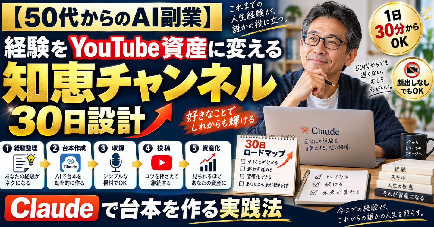 【50代からのAI副業】経験をYouTube資産に変える「知恵チャンネル」30日設計｜Claudeで台本を作る実践法