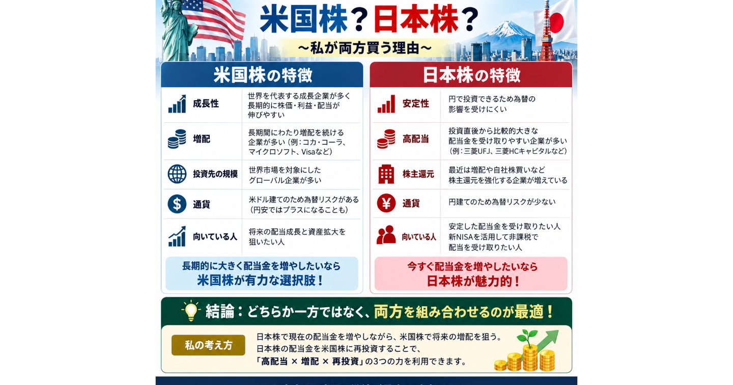 配当金を増やしたい。日本株か米株か