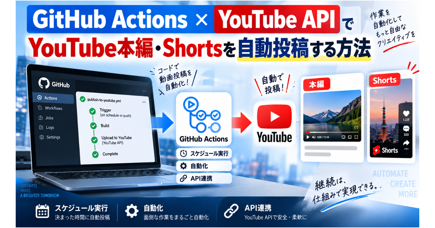GitHub Actions ×
YouTube APIで
YouTube本編・Shortsを自動投稿する方法