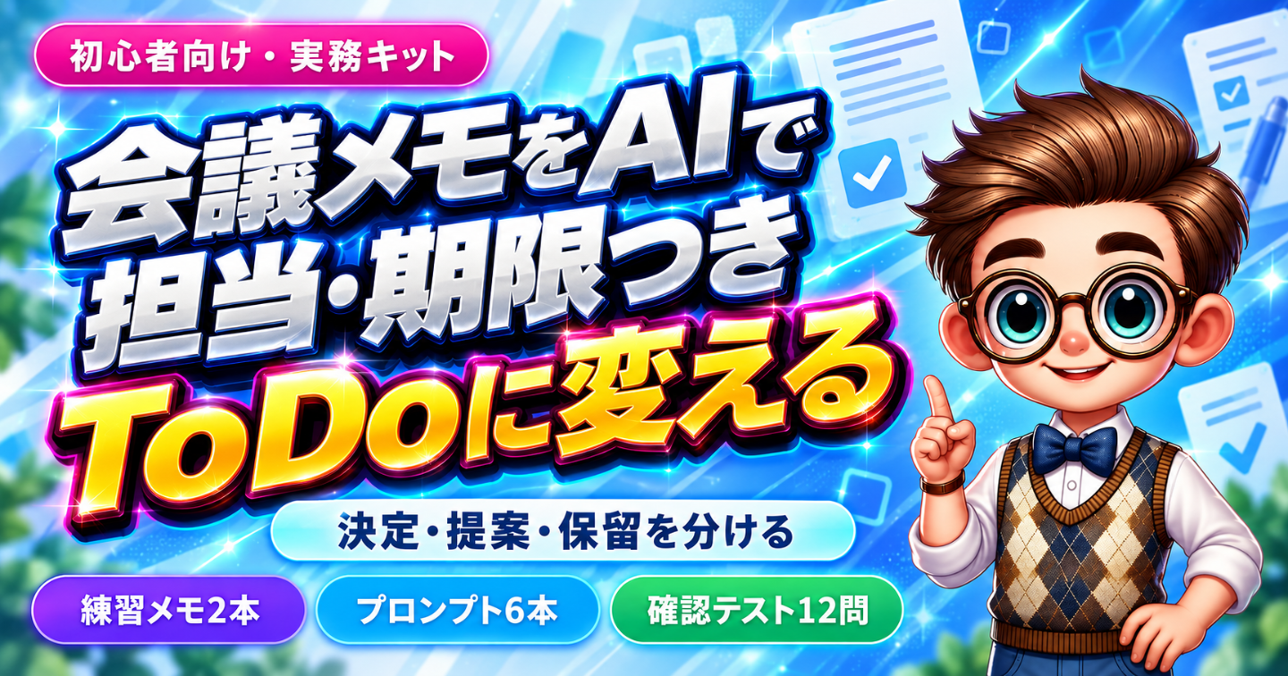 AI議事録→ToDo実務キット｜練習メモ2本・6プロンプト・確認12問