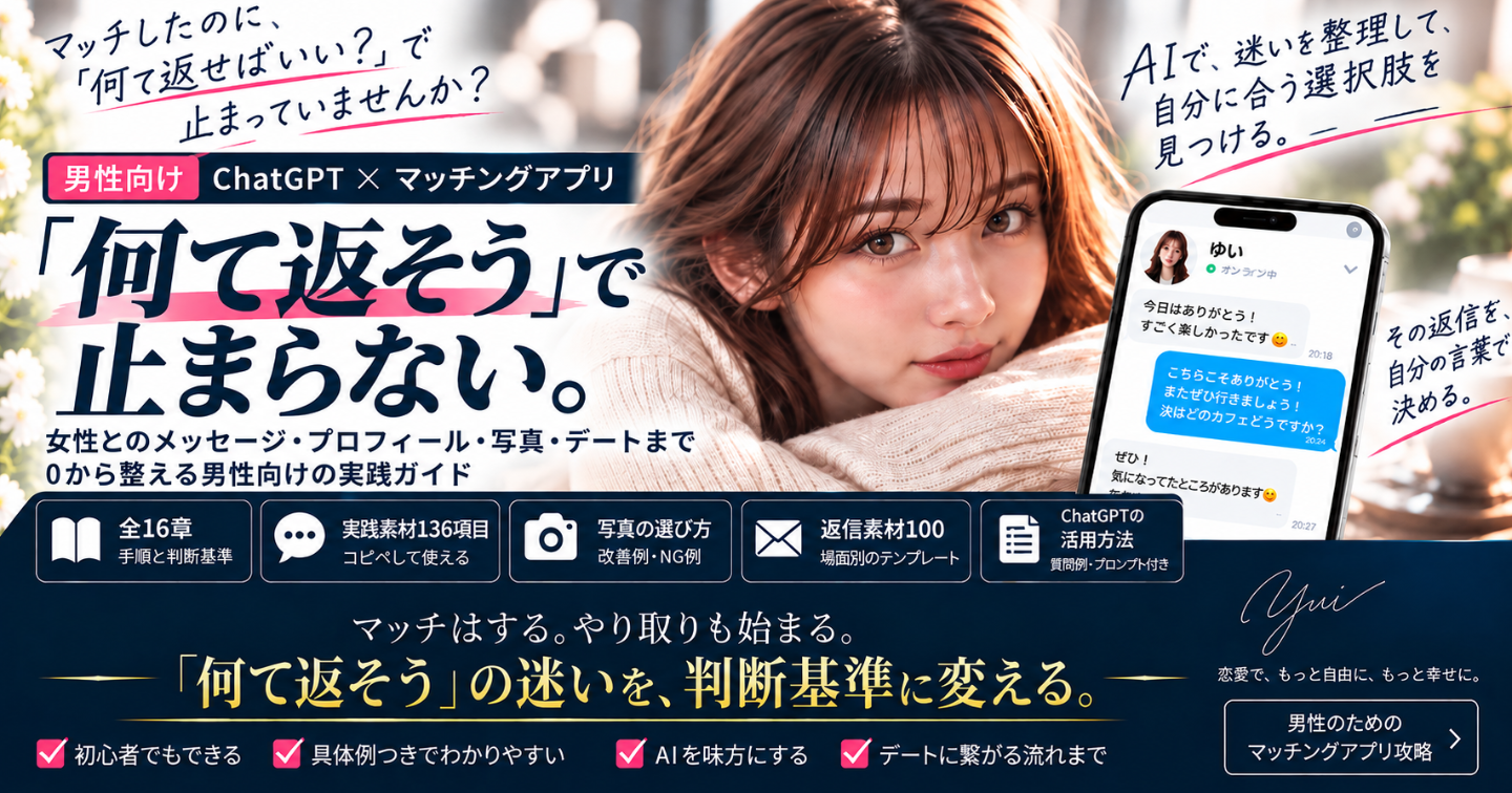 ChatGPTで整えるマッチングアプリ実践マニュアル｜「何て返そう」を自分の言葉にする16章＋返信素材100