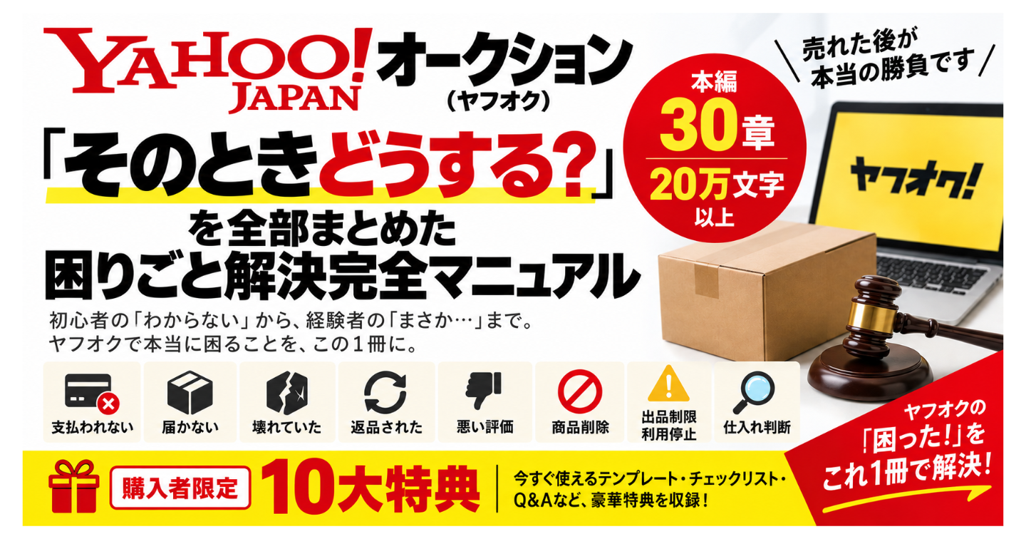 😨Yahoo!オークション(ヤフオク)「そのときどうする？」を全部まとめた困りごと解決完全マニュアル 30章20万文字以上＋特典10個