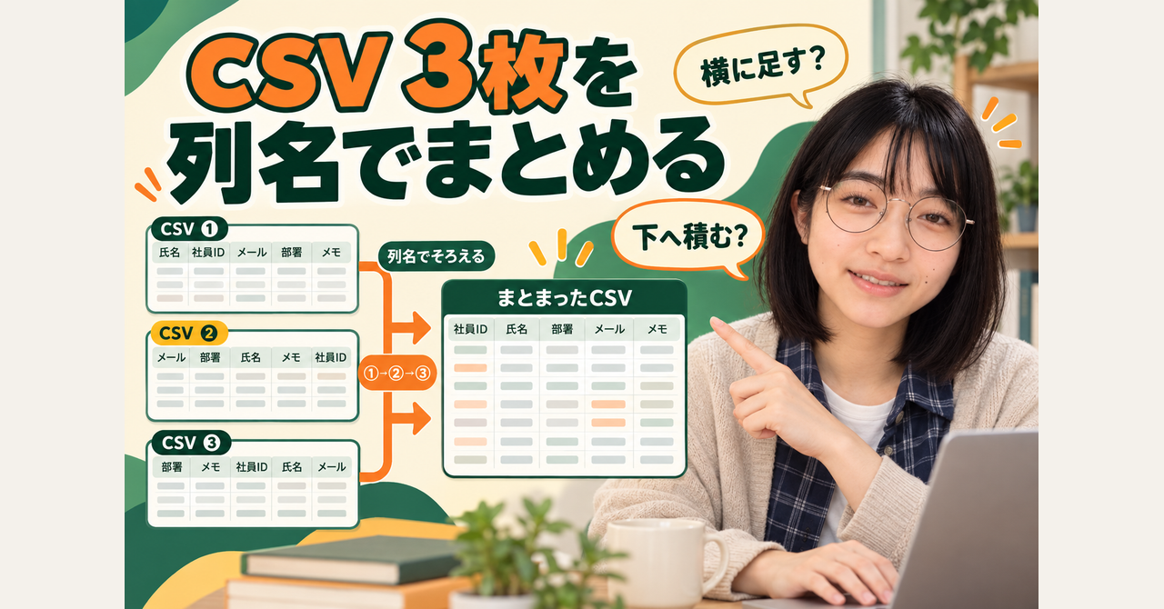001の情報を横に足す？3枚のCSVを下へ積む「縦結合」の違い
