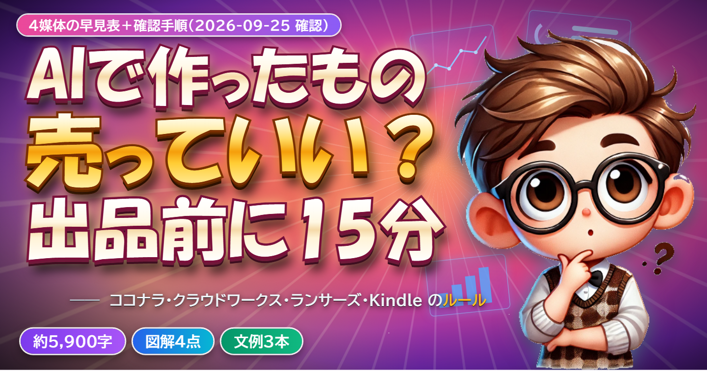 【出品前に15分】AIで作ったもの、売っていい？ ― ココナラ・クラウドワークス・ランサーズ・Kindle のルールを確認する手順