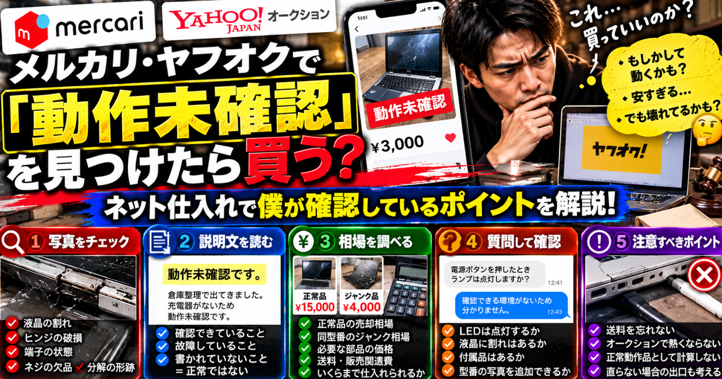 📱 メルカリ・ヤフオクで「動作未確認」を見つけたら買う？ネット仕入れで僕が確認しているポイント
