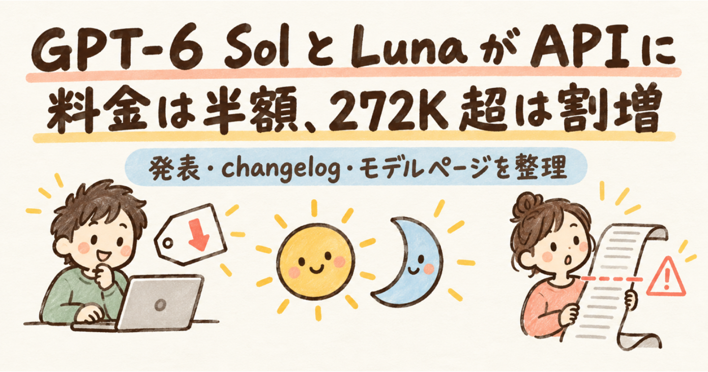 GPT-6 Sol と Luna が API に：料金は半額、ただし272K超は全体が割増（Chat Completions の制約も）