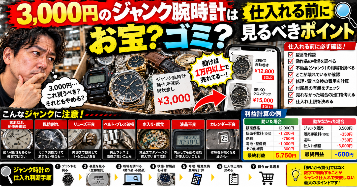 🔍 3,000円のジャンク腕時計はお宝？ゴミ？仕入れる前に見るべきポイント