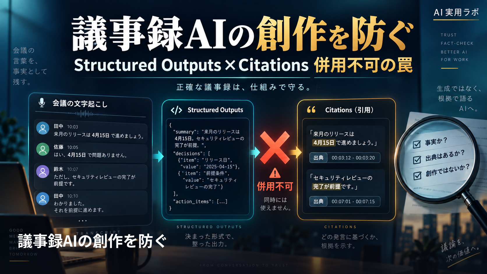 AI議事録の担当者・期限は創作かも？Structured Outputs×Citations併用不可の罠