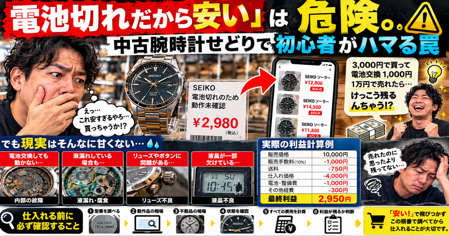 😱 「電池切れだから安い」は危険。中古腕時計せどりで初心者がハマる罠