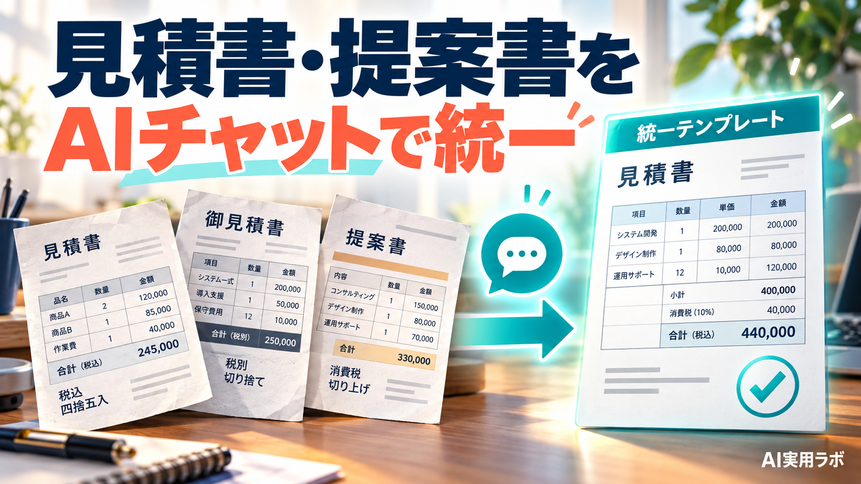 見積書・提案書の書式がバラバラで困ったら、AIチャットで比べて自社テンプレートを作ろう