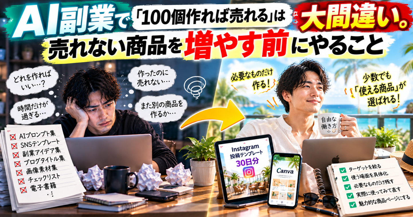 🤖 AI副業で「100個作れば売れる」は大間違い。売れない商品を増やす前にやること