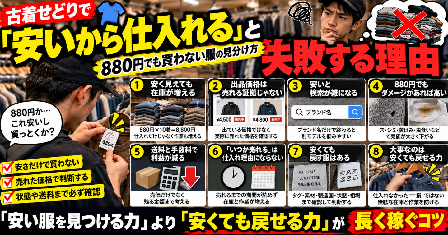 😱 古着せどりで「安いから仕入れる」と失敗する理由｜880円でも買わない服の見分け方