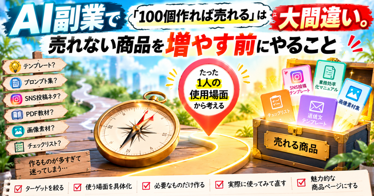 🤖 AI副業で売れない人ほど「商品」を作りすぎる。先に作るべきはたった1人の使用場面
