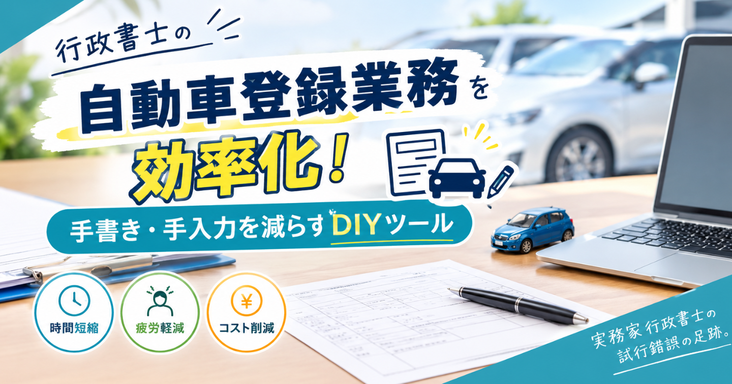 【０．はじめに】　時間短縮・疲労軽減　「手書き手打ちを減らす　自動車手続き書類作成　わたしのDIYツール作成術　～電子車検証活用法～」