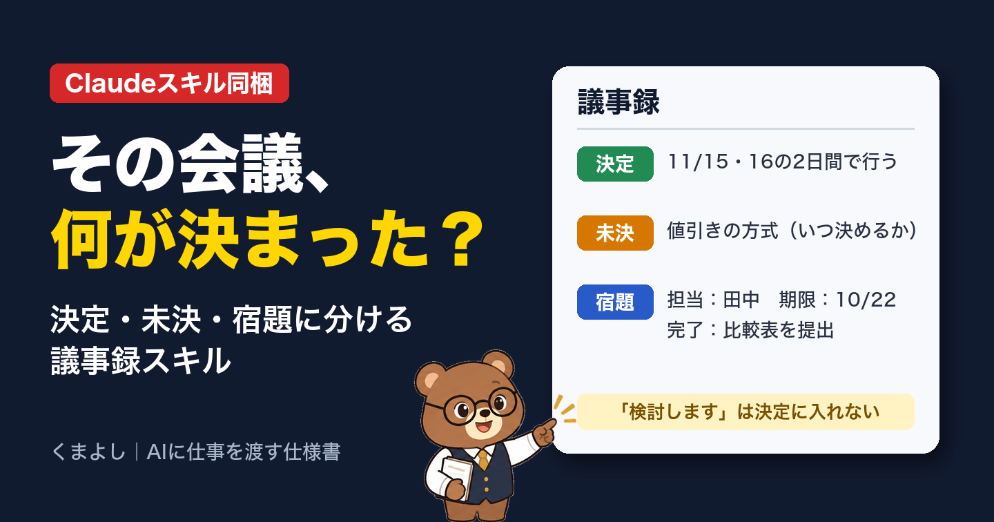 議事録スキル｜文字起こしを「決定・未決・宿題」に分けて出す｜Claudeスキル同梱